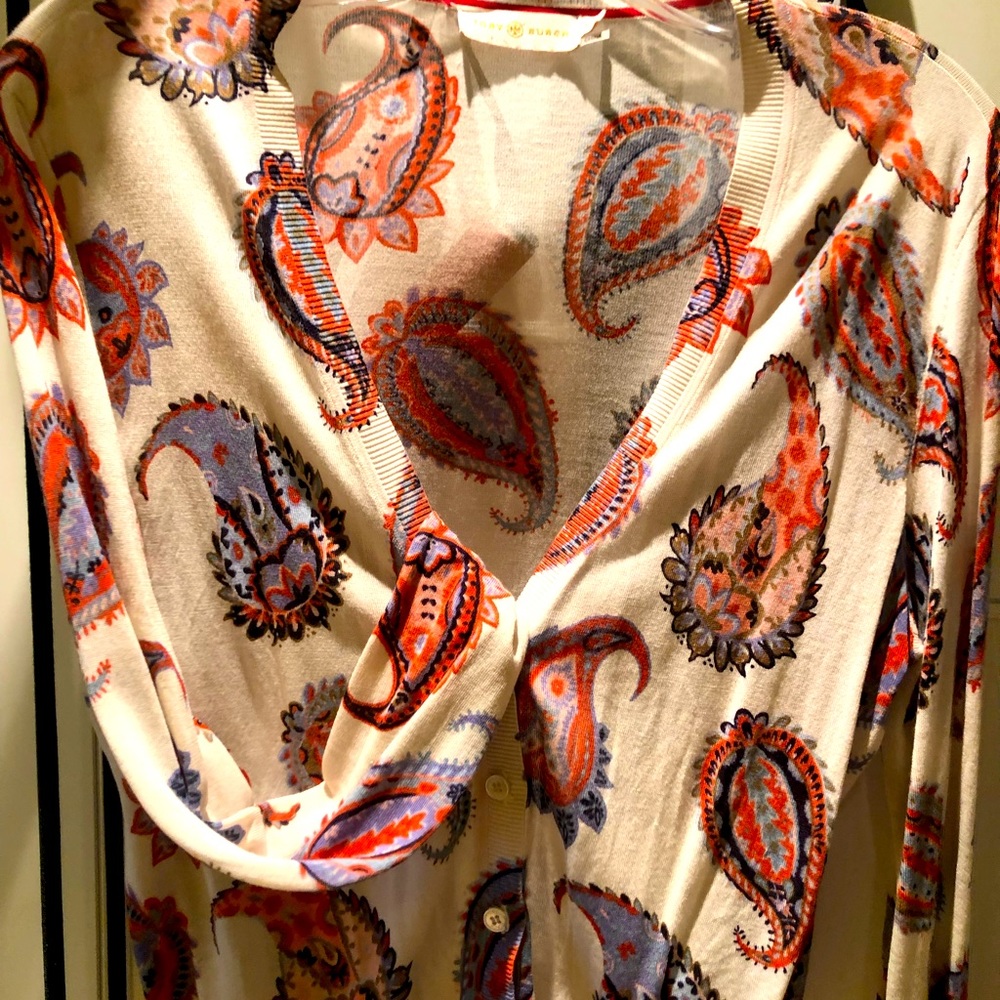 Gorgeous paisley cream , periwinkle and coral Spring cardigan by TORY BURCH.